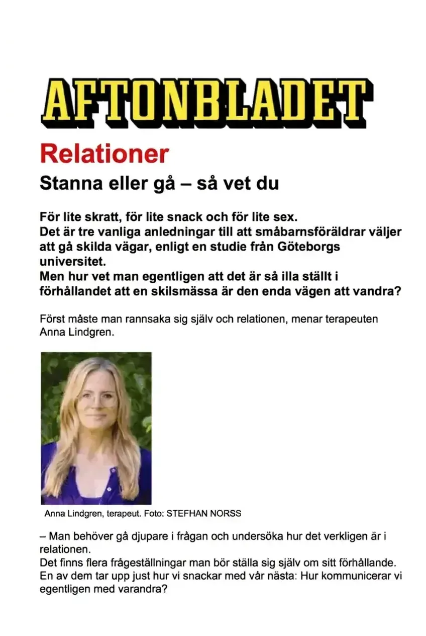 Utdrag ur Aftonbladets artikel om relationer och separation med Anna Lindgren