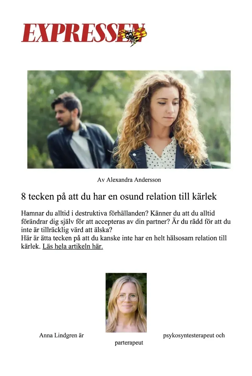 Expressen/Femina-artikel om osund relation till kärlek med Anna Lindgren, parterapeut