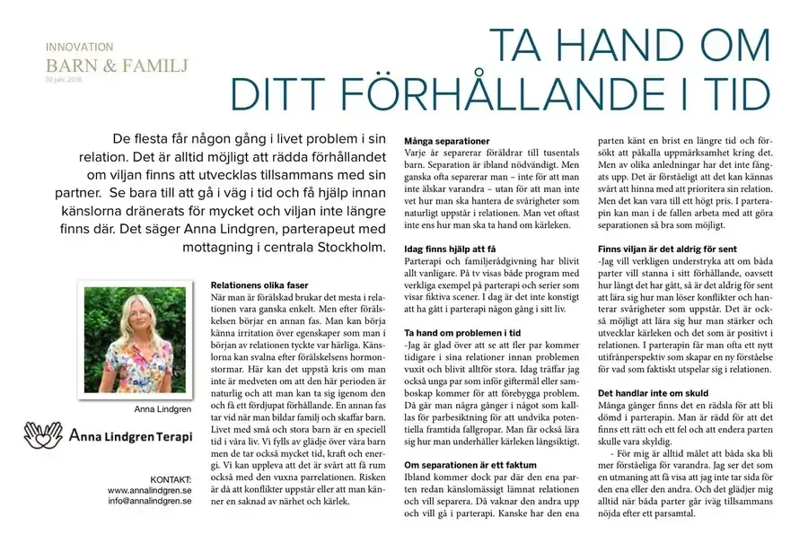 Artikelutdrag ur Svenska Dagbladet med Anna Lindgren, parterapeut på Södermalm